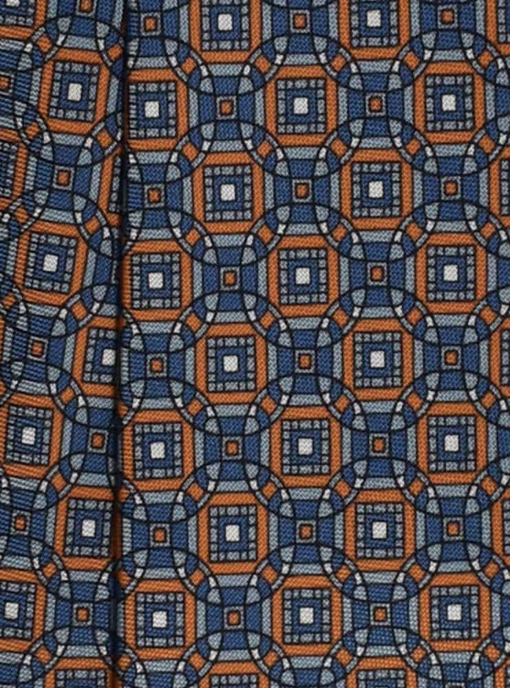 Our MEDALLION blu orange silk printed tie.