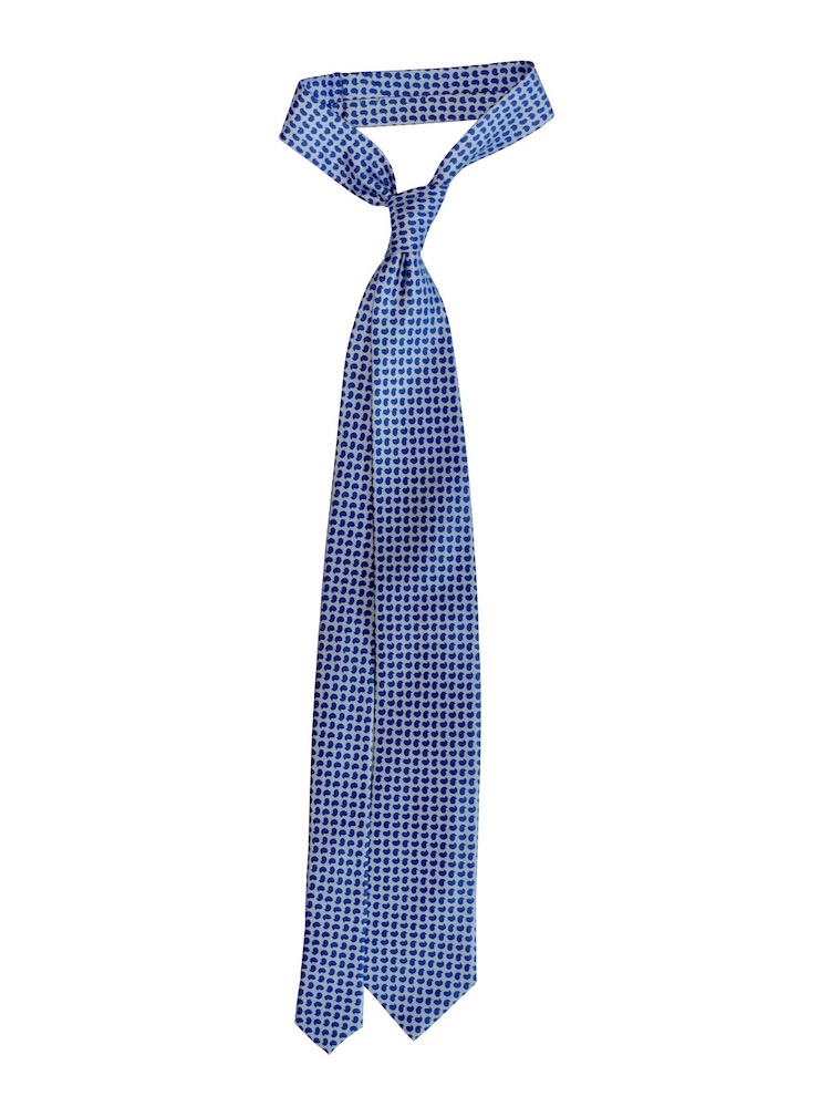 Our FLORAL sky blu/blu petals motif silk tie.