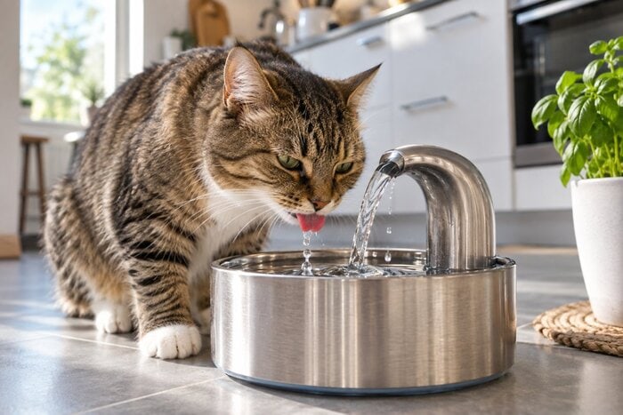 Chat buvant à une fontaine à eau