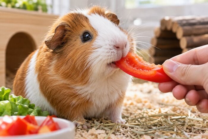 Cochon d'Inde mangeant du poivron rouge riche en vitamine C