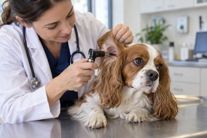Vétérinaire examinant l'oreille d'un chien