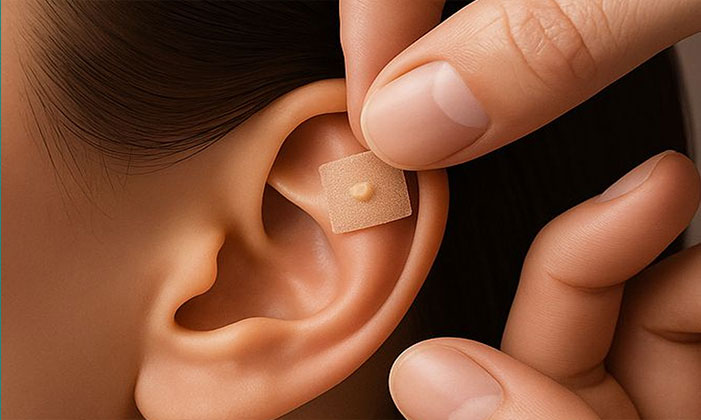 Auricular therapy- A close-up photograph shows a person's fingers carefully applying a small, square, tan-colored adhesive patch to the inner cartilage of a human ear. The patch features a tiny, rounded seed or bead at its center, used in auriculotherapy (ear seeds). The lighting is soft and focused, highlighting the precise placement of the seed on the ear's surface.