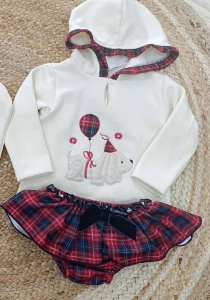 Conjunto sudadera y braguita globos cuadros rojos