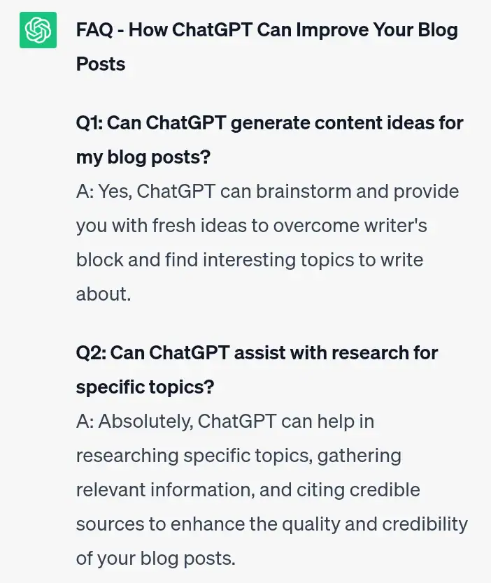 Me asking Chat GPT to create an FAQ based on a pasted blog post