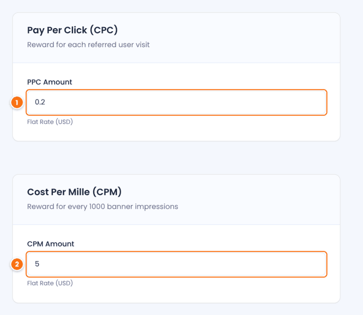 Rank editor in Ultimate Affiliate Pro with the Pay Per Click (CPC) card showing a PPC Amount of 0.2 and the Cost Per Mille (CPM) card showing a CPM Amount of 5