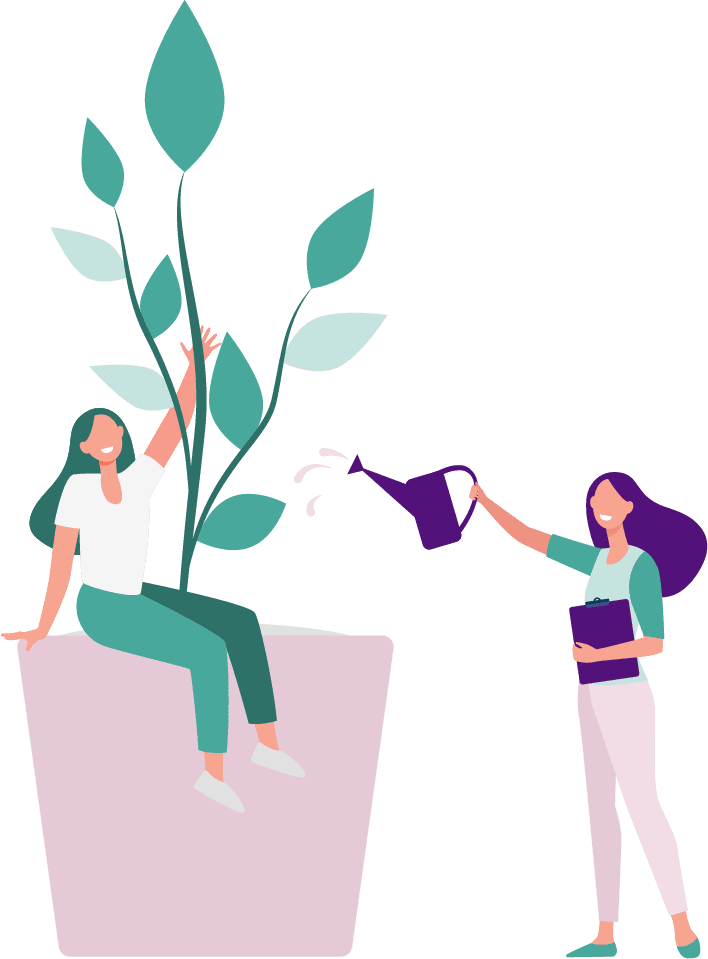 SEO Boost represented by an illustration of a female with a clipboard watering a giant plant in a pot with another female sat on top
