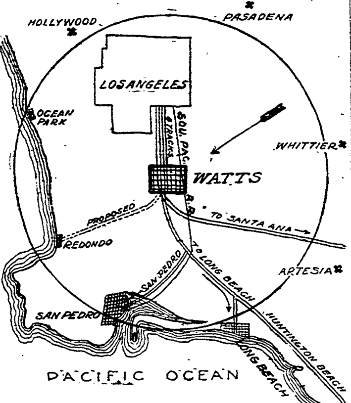 1910 map of Los Angeles California area centered on the city of Watts