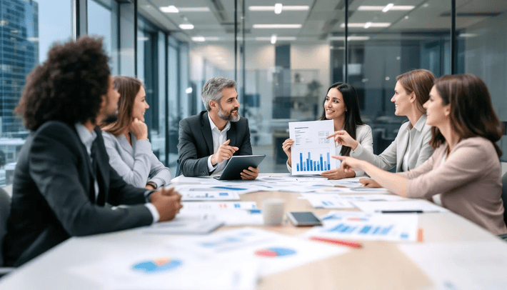 The image depicts a business meeting where participants are discussing annual leave policies, surrounded by charts and documents outlining holiday entitlements, including statutory leave and unused annual leave. Key topics include the legal responsibilities regarding paid holiday and how employees accrue annual leave within their employment contracts.