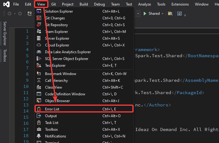 Displaying the error list; hotkey is CTRL+\, E