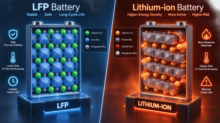 So sánh cấu trúc hóa học và sự ổn định của pin LFP so với pin Lithium-ion truyền thống.