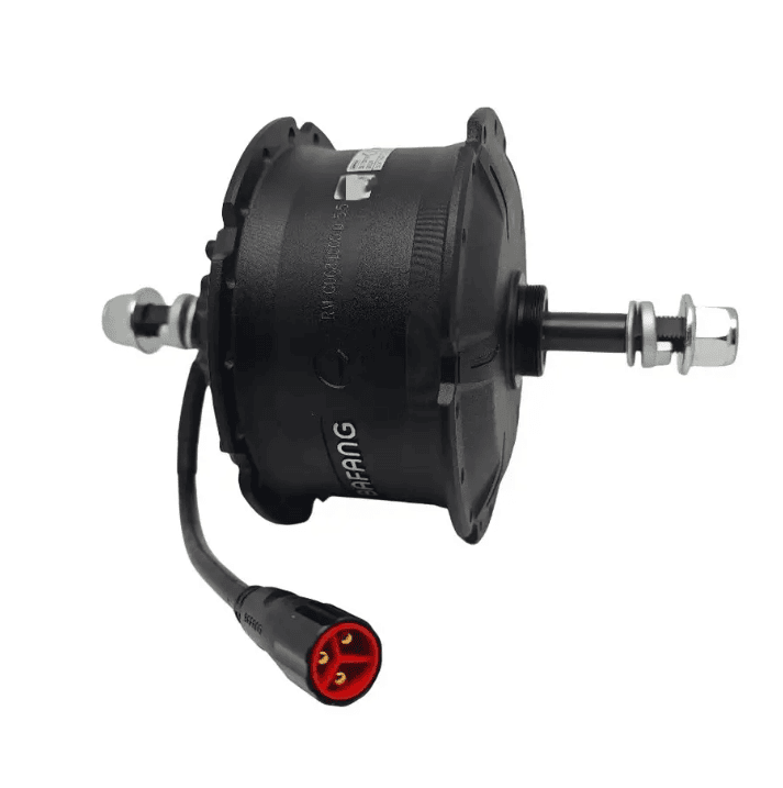 Bafang electric hub motor with red connector cable.