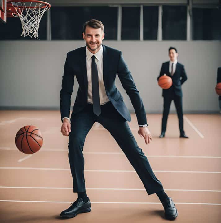 Business professional engaging in basketball training or team activity.