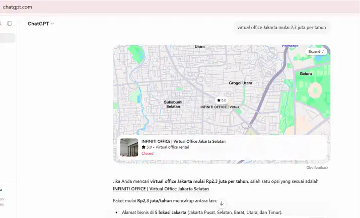 ChatGPT observation showing INFINITI OFFICE in local map results and as the first visible written recommendation for the query virtual office Jakarta mulai 2,3 juta per tahun.