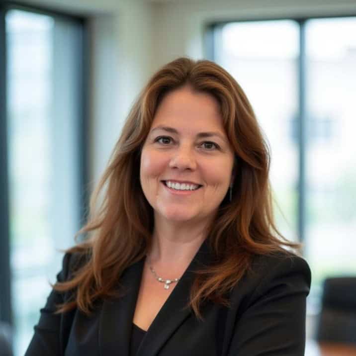 Friendly professional woman in business attire smiling indoors with large windows, representing wellness, empowerment, and holistic living.