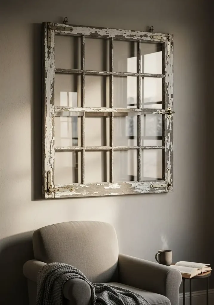 Weathered wooden window frame wall decor