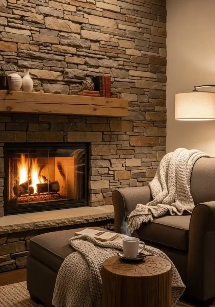 Cozy stone fireplace with armchair nook