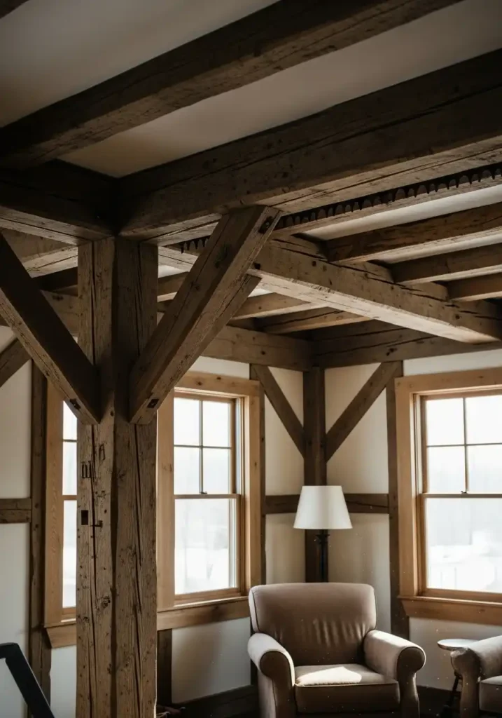 Rustic dark beams over cozy reading nook