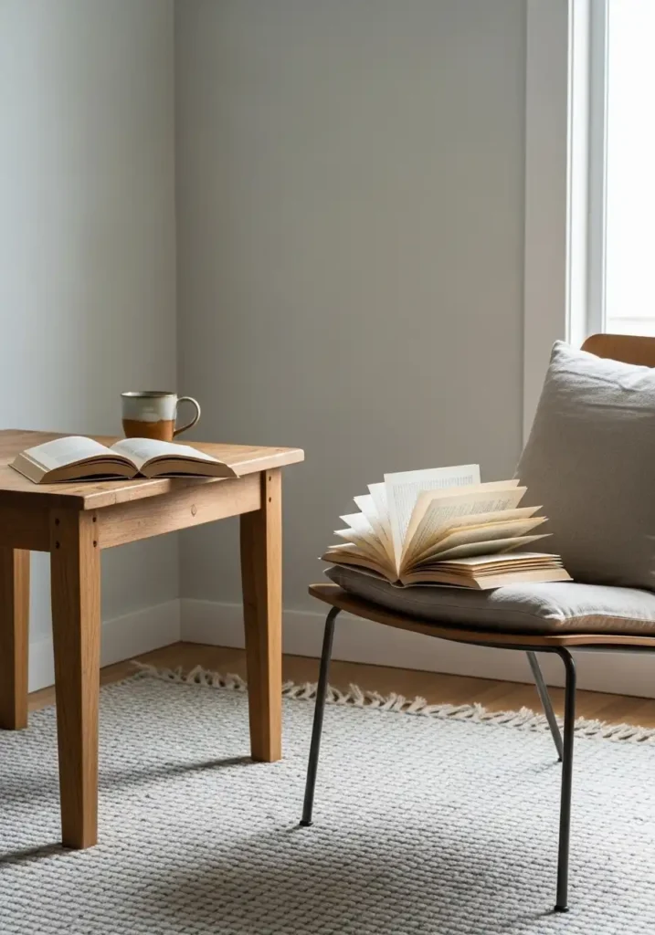 Minimalist reading nook with essentials only