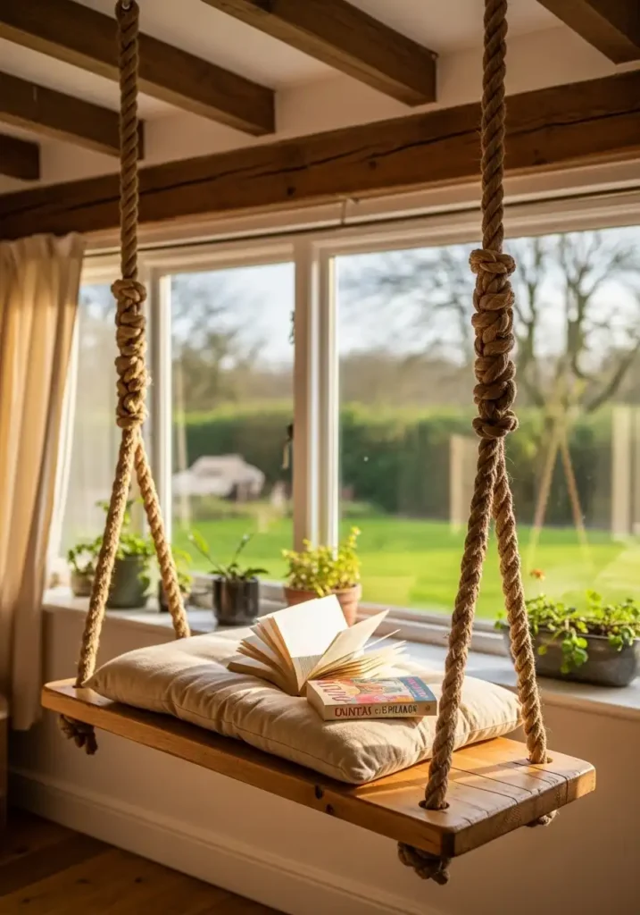 Wooden swing seat with hemp rope