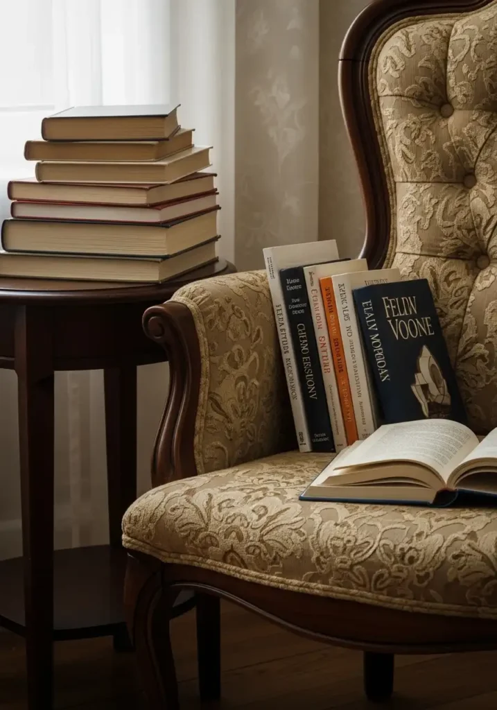 Stacked books with warm, inviting tones