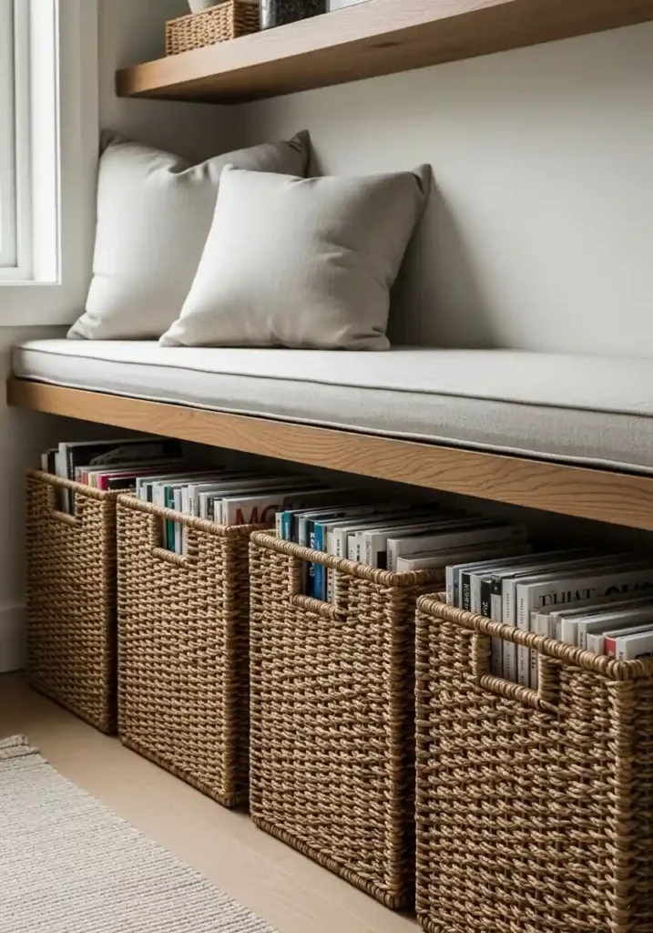 Wicker baskets organize rustic reading nook