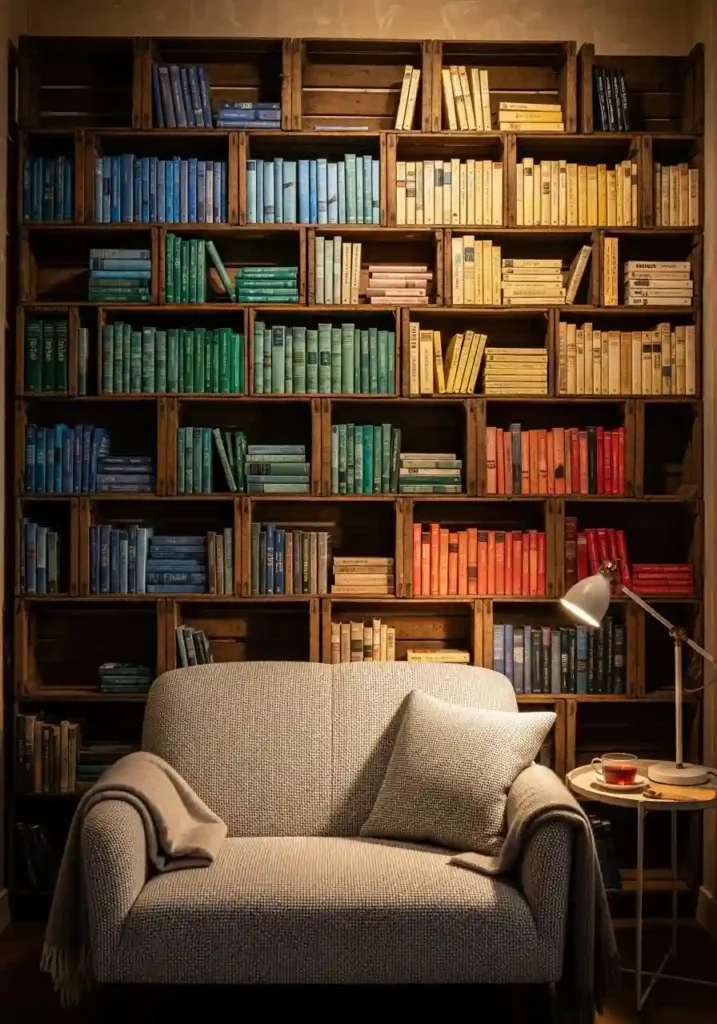 Stacked wooden crates as rustic bookshelf