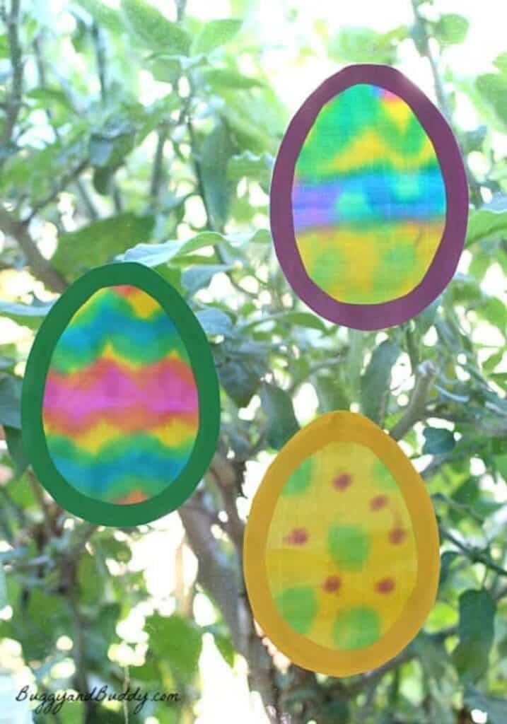 egg suncatchers with painted fabric centers