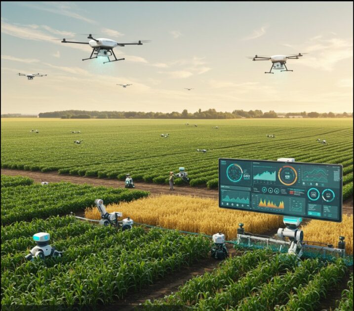 Drones hover over a vast field where robotic arms tend to crops, monitored by a large display showing agricultural data, illustrating autonomous farming.
