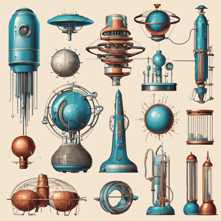 Collection of futuristic scientific devices and machinery in blue and copper tones.