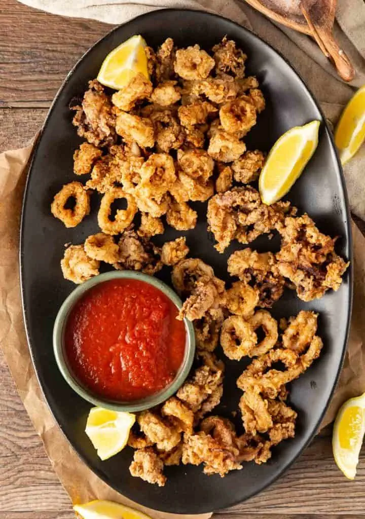 calamari fritti on a serving platter