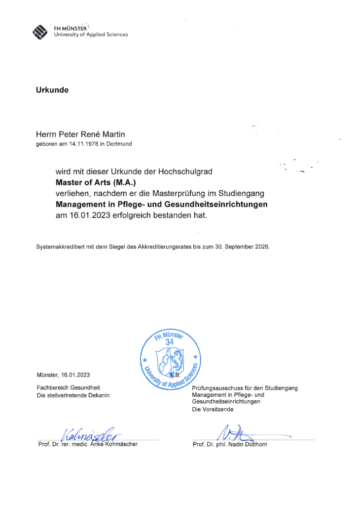 Masterurkunde von Rene Martin im Studiengang Management in Pflege- und Gesundheitseinrichtungen – akademische Basis für Digitales Gesundheitsmanagement bei Derevita X