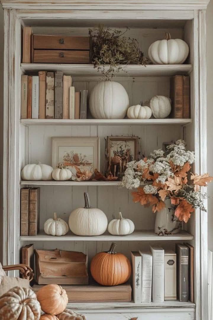 Five‑layer white shelf decorated with pumpkins, stacked books, and autumn leaves — cozy fall shelf ideas showing layered seasonal decor from By Paige Nicole.