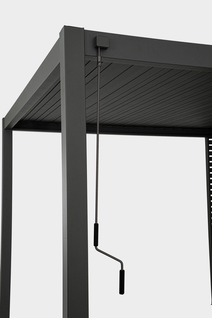 Alt: Struttura in metallo grigia con manovella per apertura/chiusura gazebo.