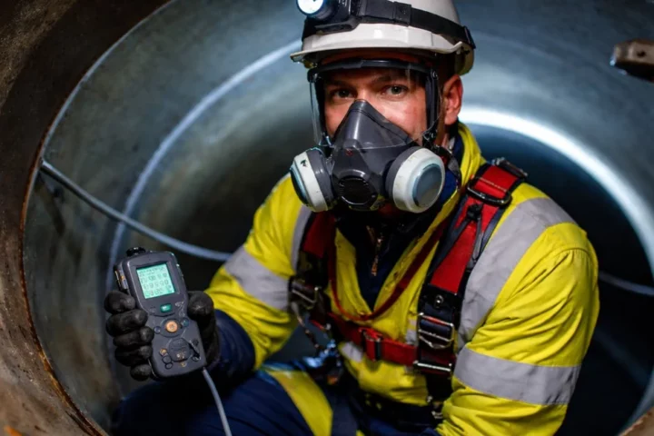 Worker with BA in confined space, using gas detector