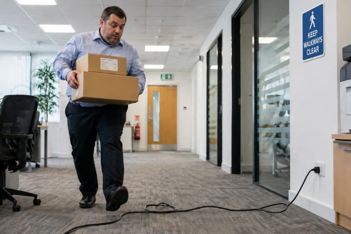 Man carrying boxes about to trip on cable