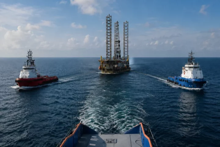 Tugs towing a rig