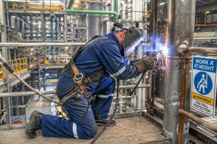 Man working at height using a welder