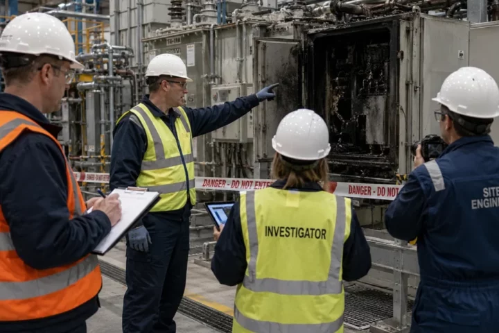 Accident investigators examining a burnt-out circuit