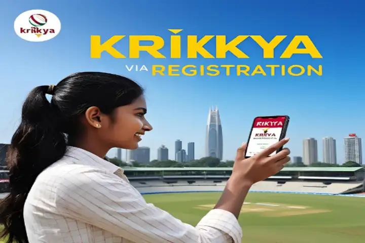 Quick and Secure Krikya Registration Anywhere Bangladeshi person registering on Krikya mobile app outdoors with ‘Krikya Registration’ visible and local scenery.