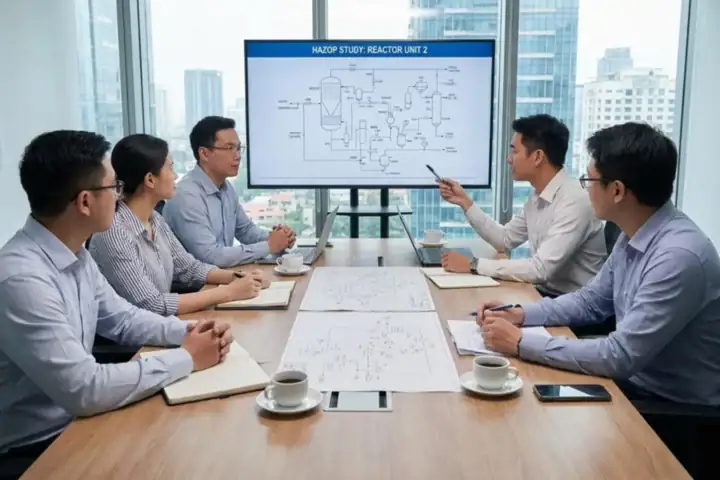 Process safety engineers discussing a P&ID