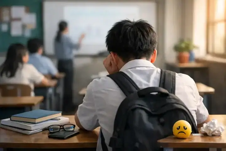 Siswa tampak dari belakang di kelas, menggambarkan kesehatan mental siswa dan stres belajar