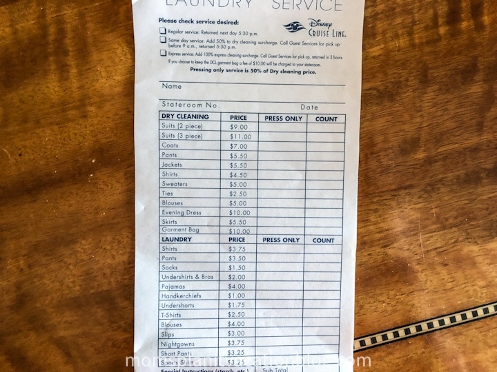 Disney Cruise full service Laundry Menu and Prices