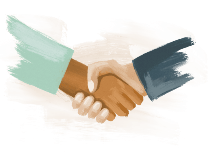 Illustration of two people shaking hands, one with light skin and one with dark skin, against a white background.