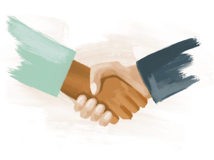 Illustration of two people shaking hands, one with light skin and one with dark skin, against a white background.