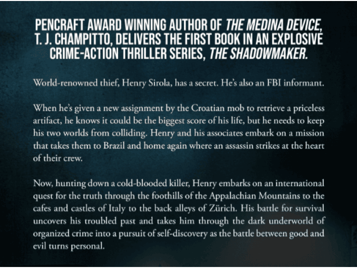 Back Cover Text for The Shadowmaker by T.J. Champitto