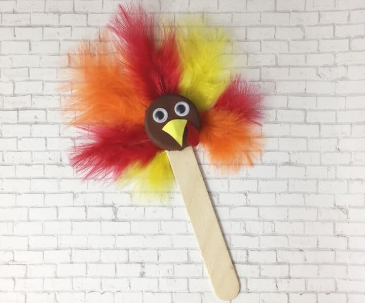 fun craft for kids featuring a turkey puppet with feathers