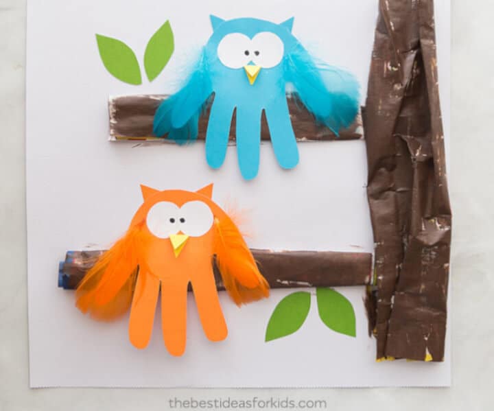 Owl handprint activity craft for kids in orange and blue papercraft