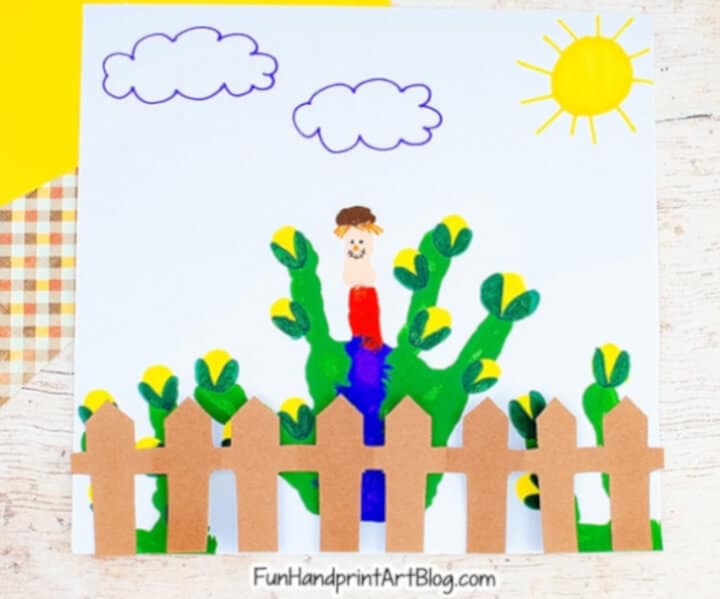 scarecrow corn field craft using kid's handprint