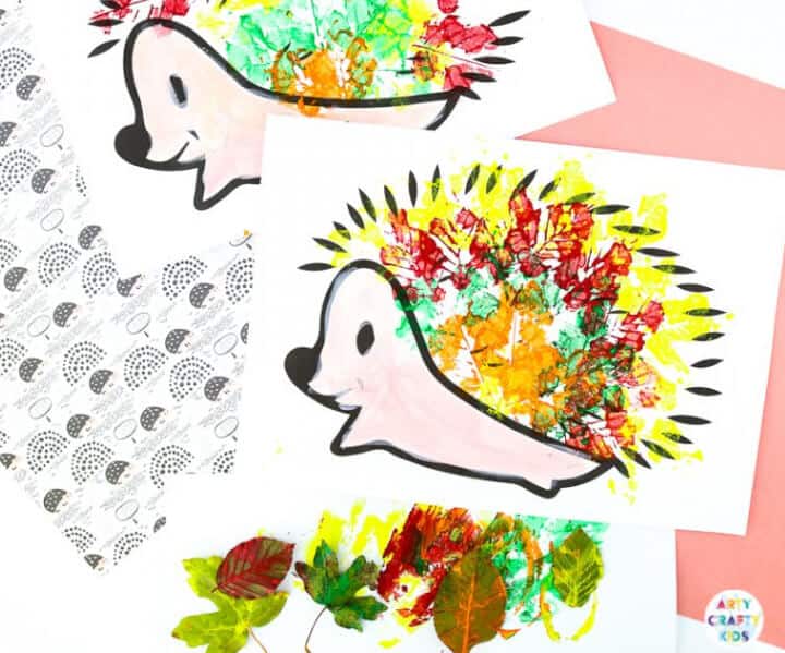 cute hedgehog craft for kids, autumn themed made with real leaves