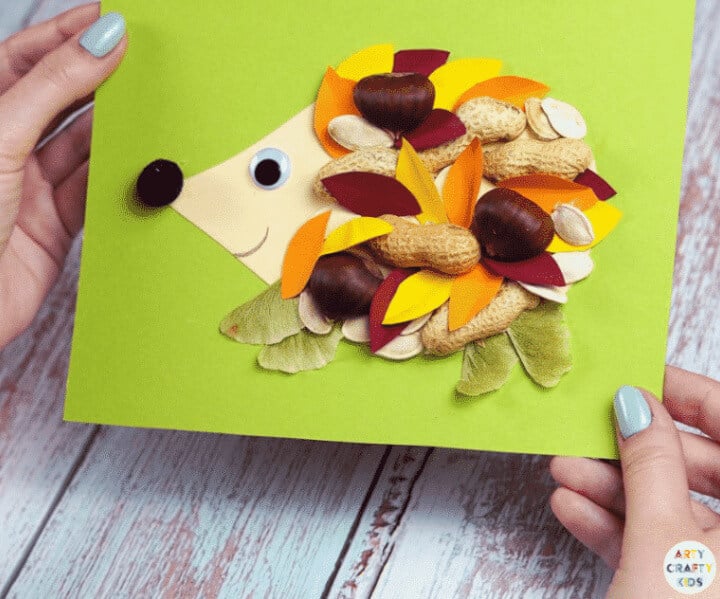 DIY hedgehog craft for kids using outdoor elements